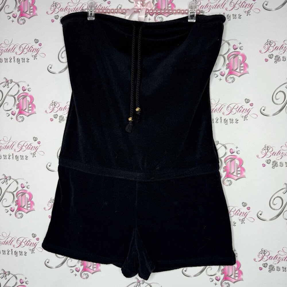 Juicy couture romper pockets on back shorts towel terry cloth black gold accent